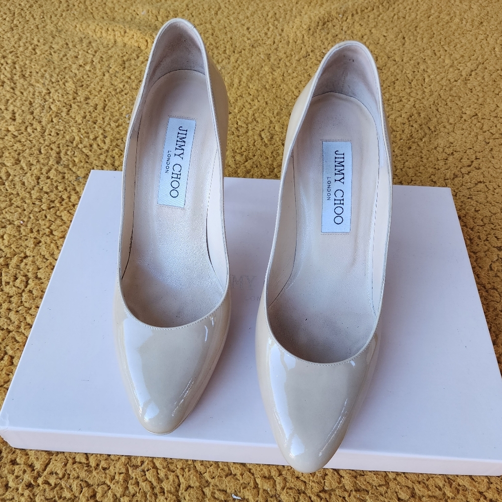 Jimmy choos Aimee platform patent nude stilettos size 35.5